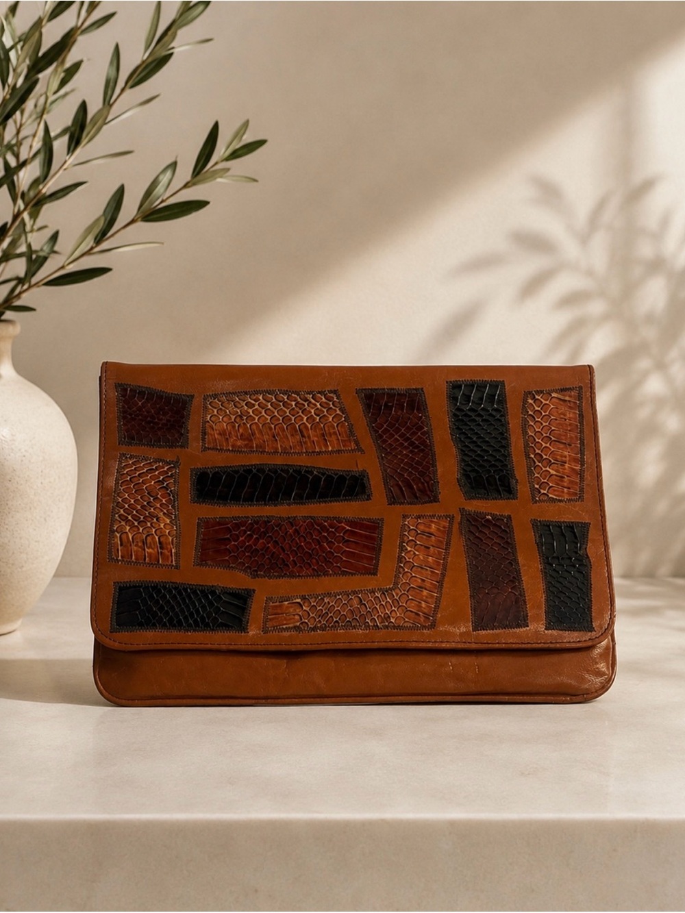 Vintage Sakowitz Italian Leather Exotic Snakeskin Patchwork Clutch Bag Brown